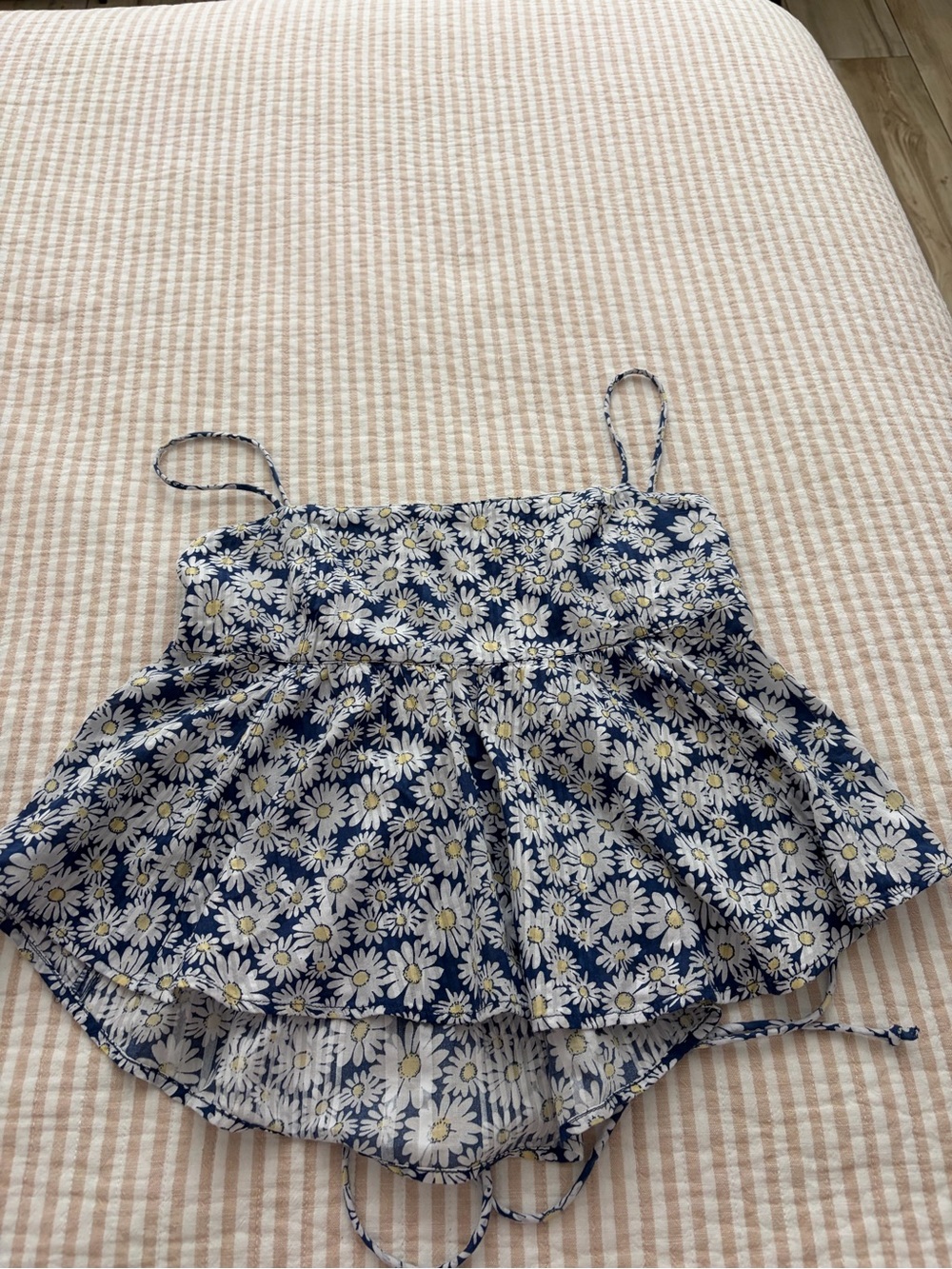 Free People Navy Daisy Print Spaghetti Strap Peplum Top